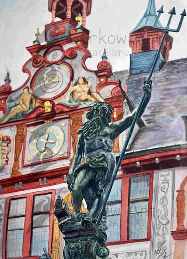 aquarell-tuebingen-rathaus-neptun-vollansicht-surkow-art-paul-surkow