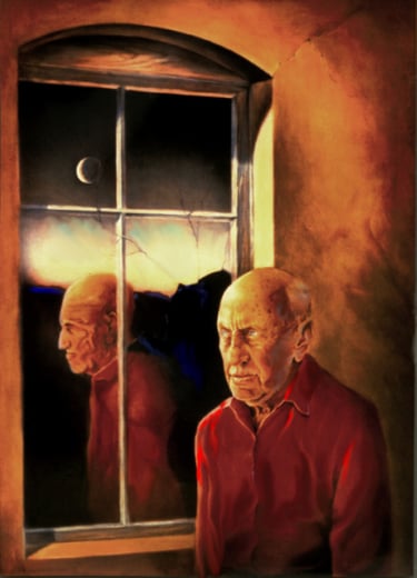 reflection of old man in the window portrait