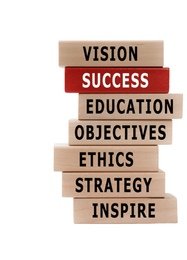 Wooden blocks stacked up highlighting organisational aims and with success in red