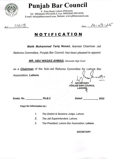 Punjab Bar Council Appoints Mr. Abu Waqas Ahmad Bodla as Chairman of Sub-Jail Reforms Committee