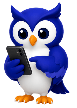 Hootline owl mascot holding a phone beside the ready to take business calls message