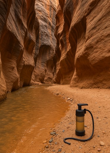 Water filter bottle placed in desert slot canyon, hydration strategy for hikers in remote and arid wilderness areas