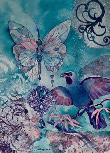 Dreamy butterfly in pastel blues, pinks and purples with jewel like pendants and a bird with a pearl