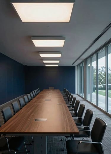 Wide boardroom interior shot from the far end of a long table, geometric ceiling lights casting precise pools of light, glass partition wall to the right, empty chairs, architectural north-facing daylight, deep navy and slate tones