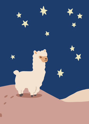 a llamall standing on a hill with stars