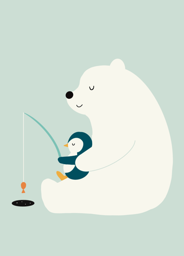 a un pingouin qui pêche avec un ours