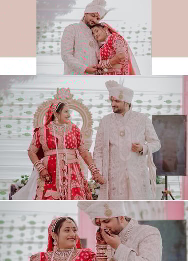 Collage of wedding moments: Just Married couple holding hands and groom kissing bride's hand.