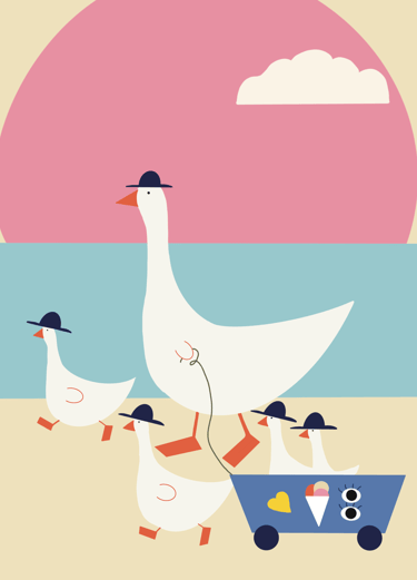 a group of ducks and geese on a beach
