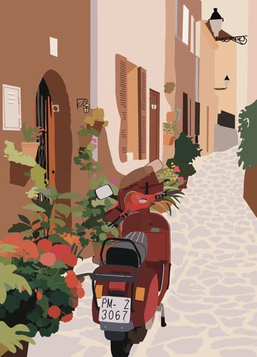 a scooter parked in front of a building in Italian street