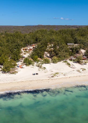 Beachfront bungalows at Sakalava Bay in Madagascar, aerial view of Ocean Lodge
