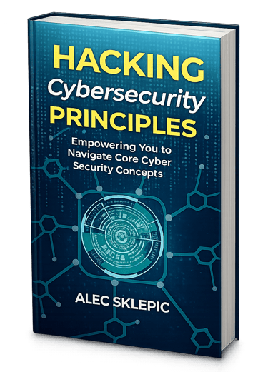 Hacking Cybersecurity Principles book cover by Alec Sklepic with blue digital data graphics.