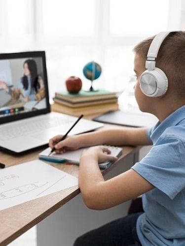 Young male student enjoying online maths tutoring.