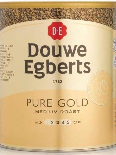 a can of douwe coffee beans in a canister