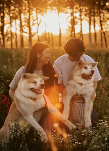 RAGAZZO E RAGAZZA AL TRAMONTO CON I DUE CANI