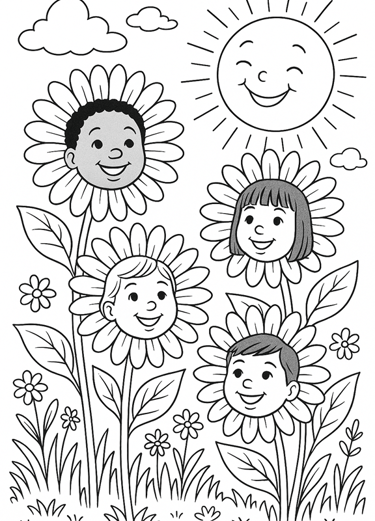 Coloring page of flowers with children's faces in the center.