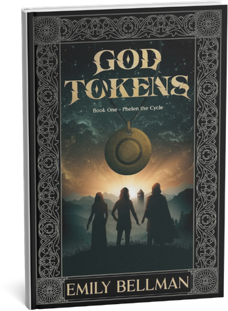 Fantasy novel cover for God Tokens by Emily Bellman featuring three silhouettes at sunrise.