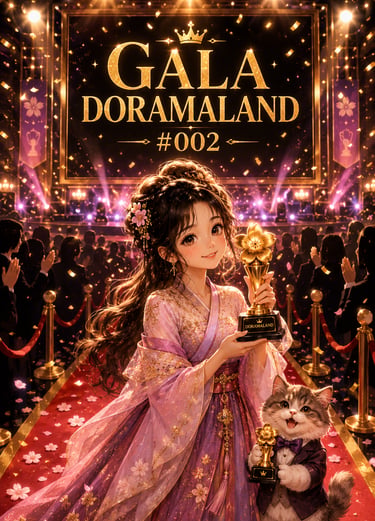 Anime girl in a purple hanfu holds a gold award at the Gala Doramaland event.