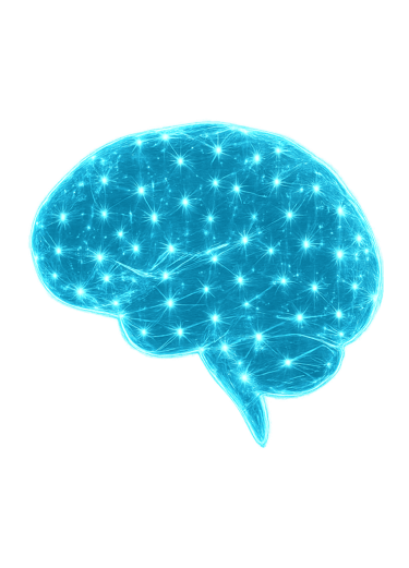 A glowing cyan silhouette of a human brain formed by digital network nodes and connections.