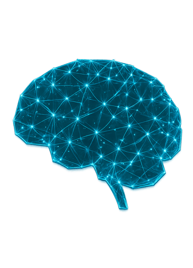 A glowing cyan silhouette of a human brain formed by digital network nodes and connections.
