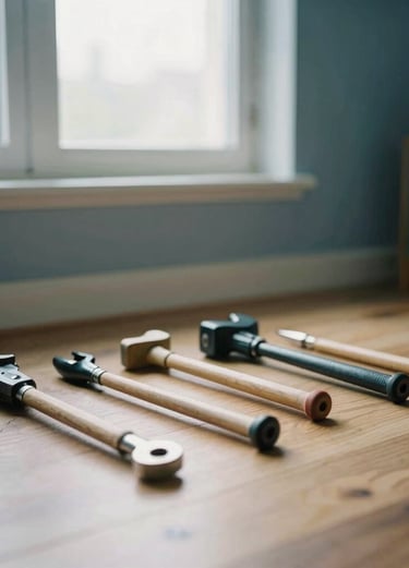 A modern apartment room with tools laid out neatly on a wooden floor, soft natural window light, muted blue tones, 35mm