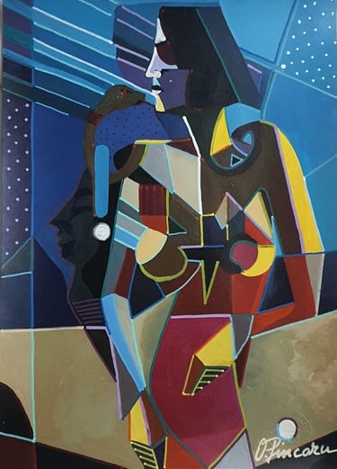 Kubistisch-figuratives Frauenprofil mit Halo vor Sternhimmel – Feminine Majestät I, 30×42 cm.