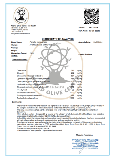Pamako olive oil certificate 