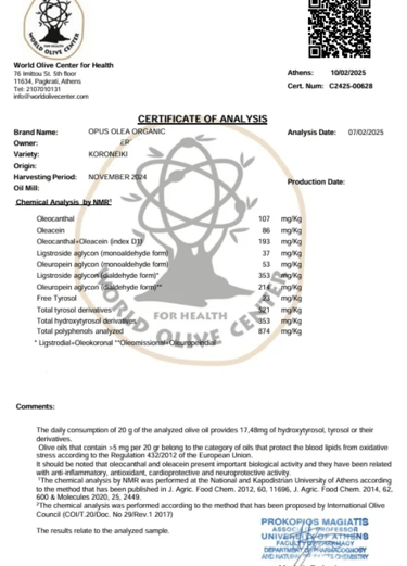 Opus olea lab certificate of analysis 2025