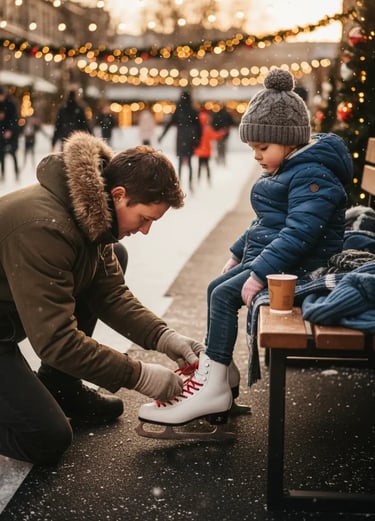A father kneeling down to help his young daughter tie her white ice skates while she sits on a woode