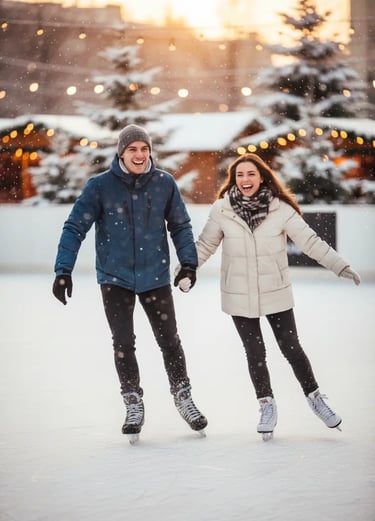 A happy young couple holding hands and ice skating on an outdoor rink with snow-covered trees and fe