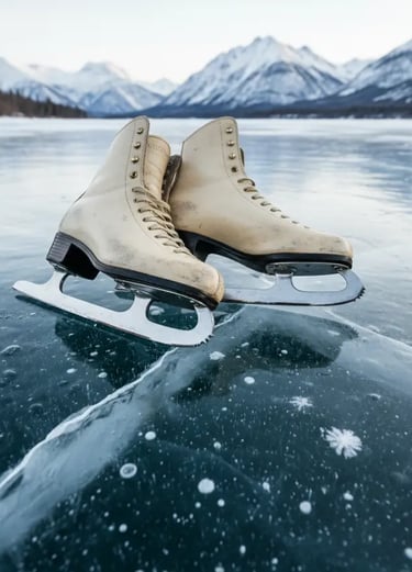 A pair of white figure skates resting on the natural frozen ice of Lake Zell, with the snowy Austria