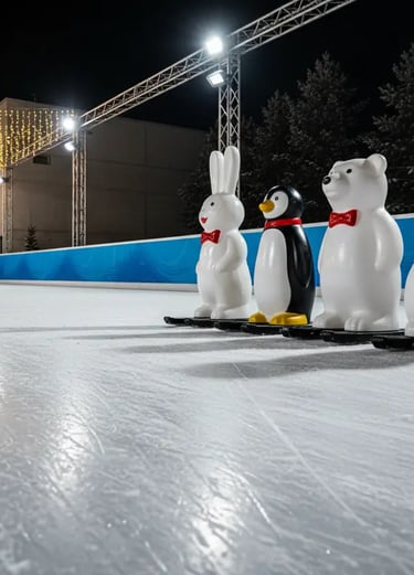 Three animal-shaped ice skating aids (a bunny, a penguin, and a polar bear) standing on a lit outdoo