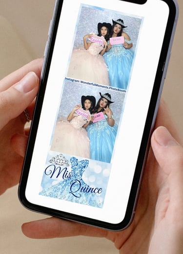 Cell phone showing girls in photo strip in quince gowns taken at a Quinceañera Mirror Photo Booth.