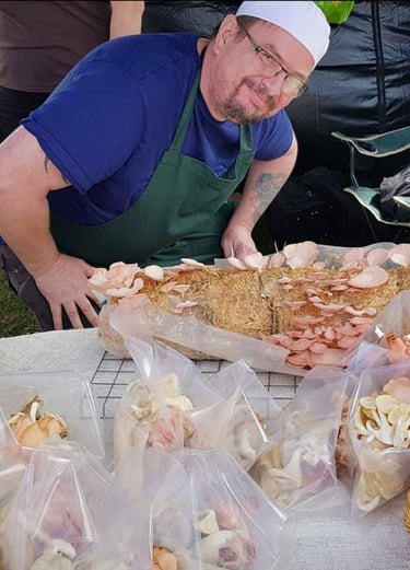 Ian the Chef admires his oyster growing kit