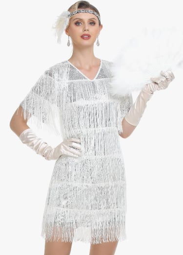 PrettyGuide Women's Flapper Dresses with Sleeves Tiered Long Fringed Sequin 1920s Great Gatsby