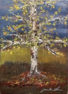 a painting of a birch tree in the fall