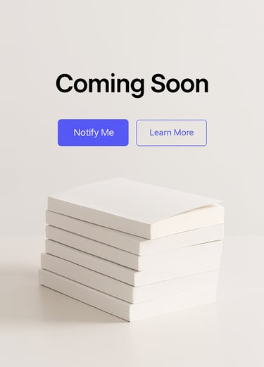 Libros en blano con fondo blanco y texto "Cominn Soon" (próximamente en ingles)