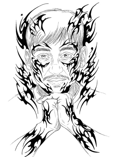 Black and white line art portrait of a man with intricate tribal flame tattoos on his face and arms.