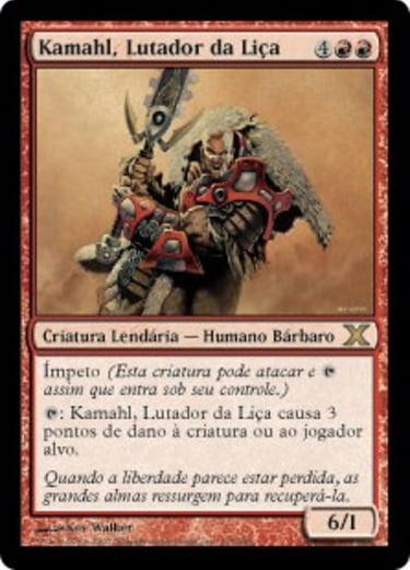 Kamahl, Lutador da Liça Magic: The Gathering card in Portuguese featuring a barbarian warrior with a large sword.
