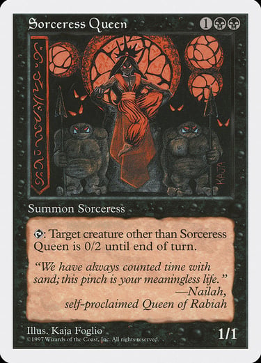 Sorceress Queen Magic the Gathering card featuring dark fantasy art by Kaja Foglio and game stats.