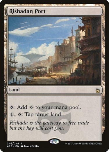 Magic: The Gathering Rishadan Port land card from the Masters 25 set featuring artwork of a busy harbor.
