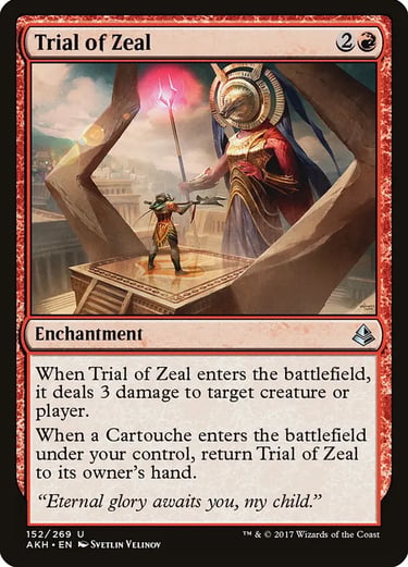 Trial of Zeal red enchantment Magic: The Gathering card featuring Hazoret the Fervent and a warrior.