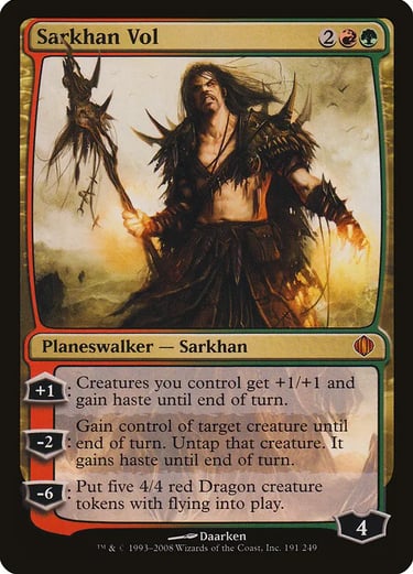 Sarkhan Vol Magic: The Gathering planeswalker card with red and green mana symbols and dragon abilities.