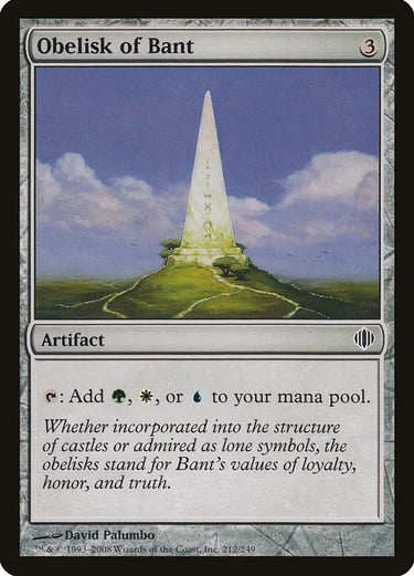 Obelisk of Bant Magic: The Gathering card featuring a tall white monument atop a lush green hill.