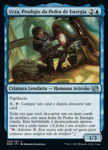 Urza, Powerstone Prodigy Portuguese Magic: The Gathering card with legendary creature art.