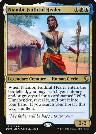 Niambi, Faithful Healer Magic: The Gathering card featuring a female human cleric holding a wooden staff.