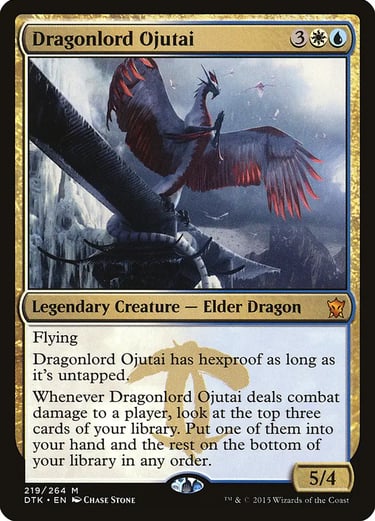 Dragonlord Ojutai Magic the Gathering card featuring a white and blue elder dragon with feathered wings.