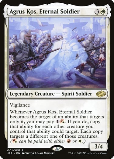 Agrus Kos Eternal Soldier Magic The Gathering card featuring a ghost leading an army of soldiers.