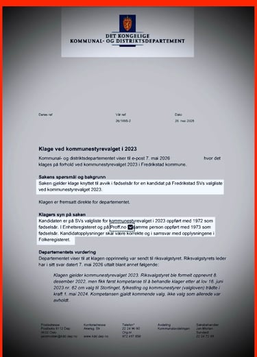 Kommunal- og distriktsdepartementets svar Fredrikstad Kommune Bystyret, Salah Hassan Al Saadi, Styre