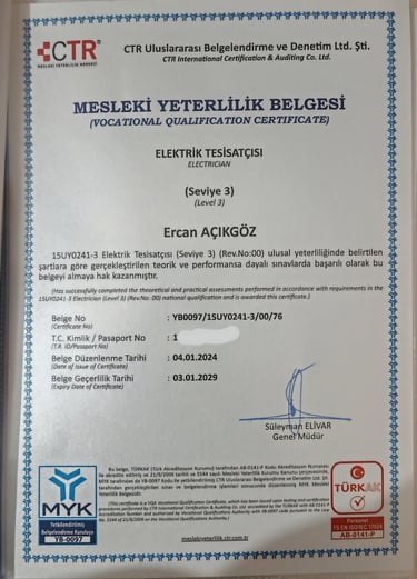 Hizmetlerimiz, T.C. Mesleki Yeterlilik Kurumu (MYK) tarafından onaylıdır, Polat Elektrik