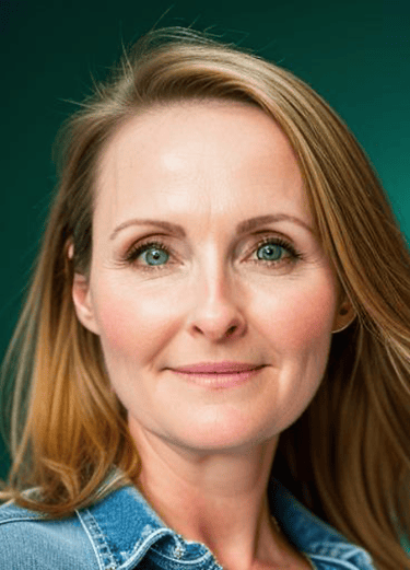 Professional headshot of a smiling woman with blonde hair and green eyes against a green background.